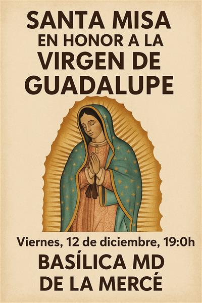 Santa Misa en honor a la Virgen de Guadalupe - 12 de diciembre a las 19h