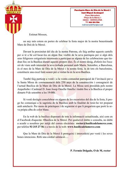 Carta a los sacerdotes y carta a los feligreses y devotos de la Mare de Déu de la Mercè